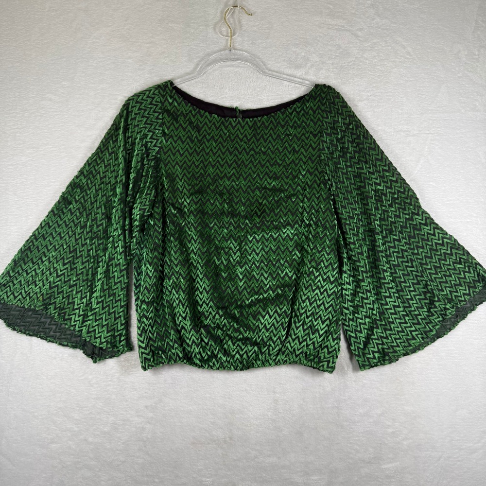 Alice + Olivia Green‎ Black Zig Zag Velvet Silk Blend Bell Sleeve Top XS